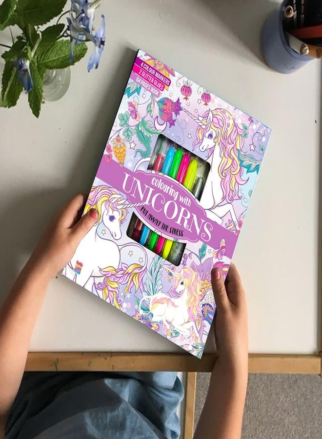 BRIJBASI Hello Friend Unicorns Colouring Combo Kit with 4 Neon Pens & 2 Glitter Tubes + 32 Pages Colouring Pad, 4+ yrs. - Image 2